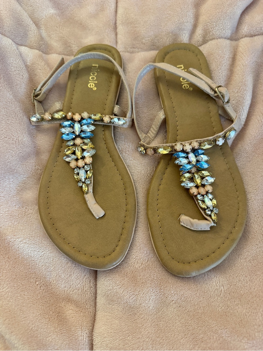 Nicole Beige T-Strap Sandals with Blue, Yellow and Pink Gem Accents